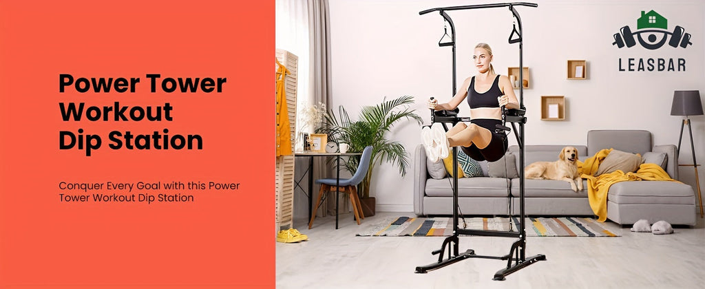 Power Tower Pull Up Bar Dip Station – Adjustable Height 50"-90.6" 330LBS Multi-Function Strength Training Equipment for Men & Women Home Gym, Free Elastic Bands Included