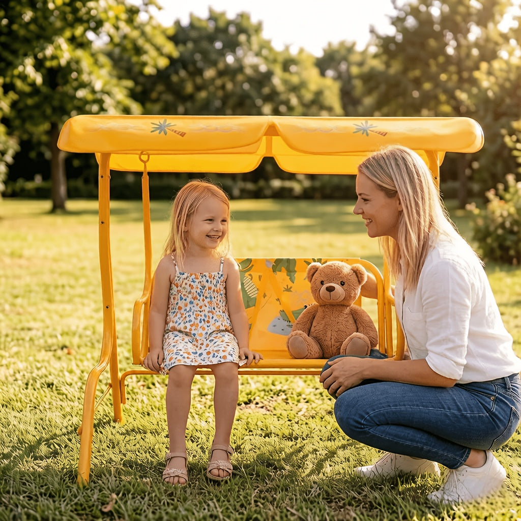 2-Seater Kids Outdoor Patio Swing Chair with Adjustable Sun Canopy Safety Belts Metal Stand Porch Swing Bench for Backyard Garden Balcony Ages 3+ 180 lbs Capacity