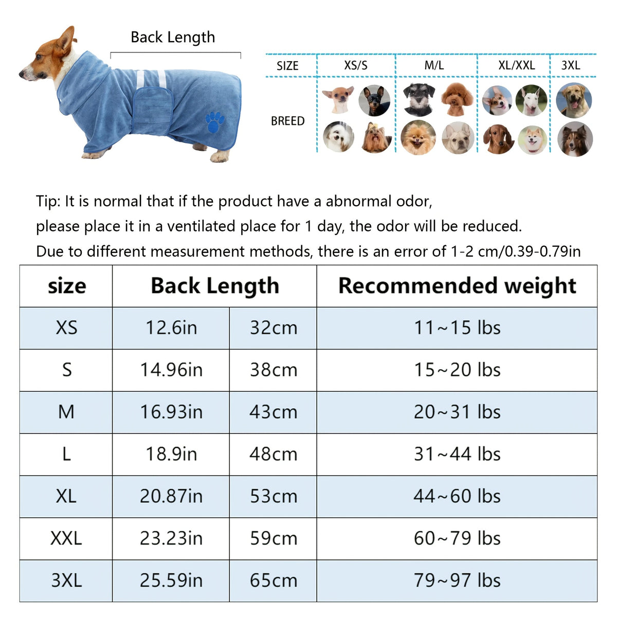 Quick-Drying Dog Bathrobe with Paw Print Embroidery – Super Absorbent Pet Towel Robe with Adjustable Belly Band, Ultra-Soft Microfiber, Sizes XS–3XL, 5 Colors for Dogs After Bath & Grooming