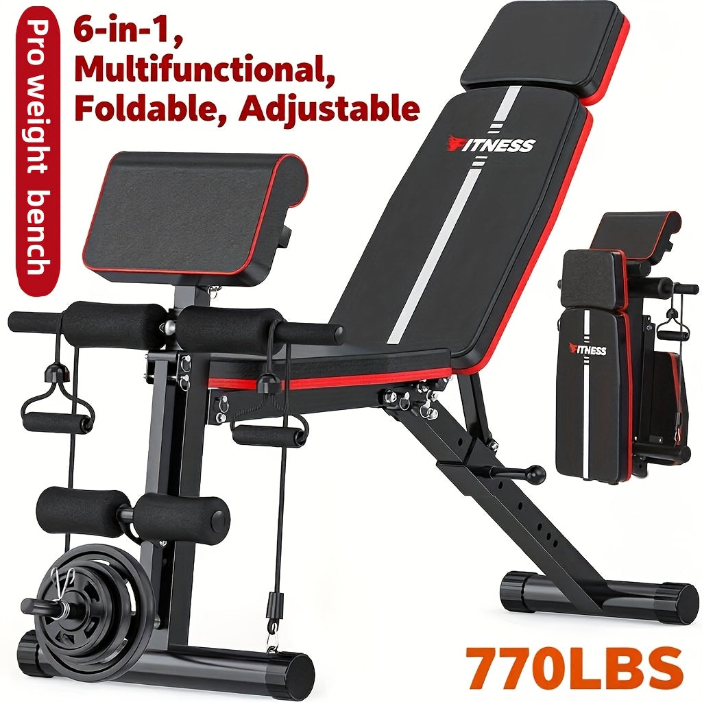 Foldable 6-in-1 Adjustable Weight Bench for Home Gym – 770 LBS Capacity, Flat Incline Decline, Resistance Bands, Preacher Curl Pad & Leg Developer, Full Body Strength Training Equipment