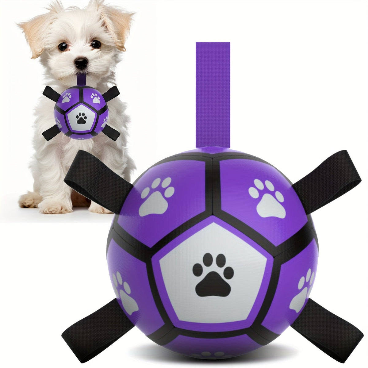 Dog Soccer Ball with Straps Interactive Training Toy - Durable Bouncy Fetch Ball Floats on Water, Indoor Outdoor Play for Small Medium Large Dogs, High-Energy Exercise Ball for All Breeds