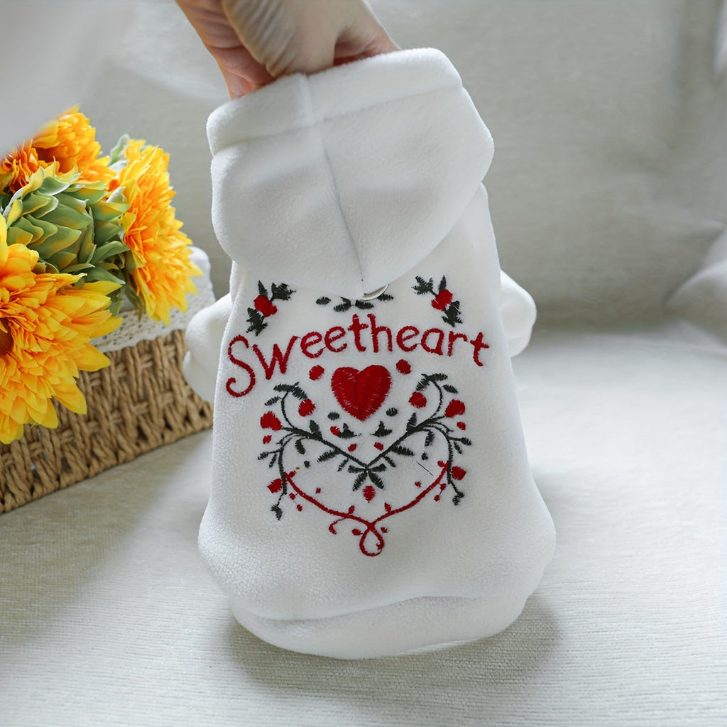 Love Heart Dog Sweatshirt Valentine's Day Hoodie – Cute Sweetheart Pullover for Small Dogs, Spring Autumn Thin Pet Outfit, XS to XL, Fits Bichon Pomeranian Schnauzer Teddy, White