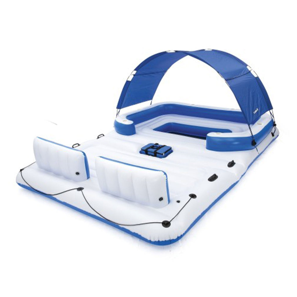 Bestway Hydro-Force 6 Person Inflatable Party Island Float – 153" x 108" Giant Pool Float with Detachable Sun Shade, 6 Cup Holders, Cooler Bag & Backrests, 1188 LB Capacity for Lake Beach Pool