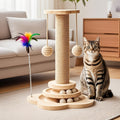 4-in-1 Cat Scratching Post with Sisal, Feather Toy, Dual-Layer Ball Track & 6 Wooden Toy Balls – Anti-Tip Solid Wood Activity Center for Indoor Cats, Kittens & Multi-Cat Households