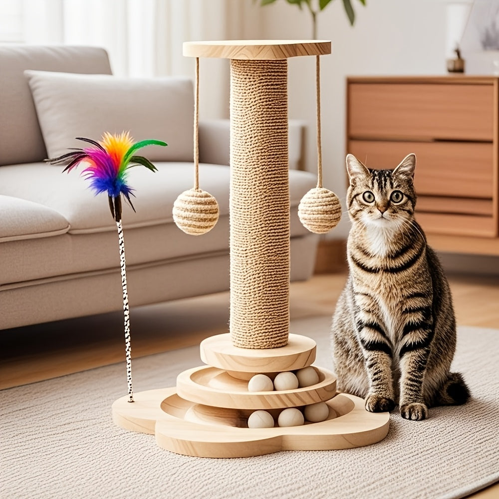 4-in-1 Cat Scratching Post with Sisal, Feather Toy, Dual-Layer Ball Track & 6 Wooden Toy Balls – Anti-Tip Solid Wood Activity Center for Indoor Cats, Kittens & Multi-Cat Households