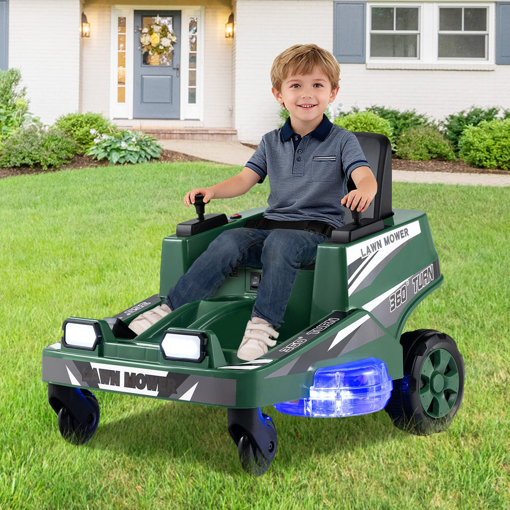 12V Kids Ride-On Lawn Mower Electric Car - Dual Control Sticks, LED Lights, 360° Twist & Turn, Spinning Blades, Anti-Tip Wheels | Outdoor Toy for Boys & Girls Ages 3+ | Max 77lbs | 1.7MPH | Green