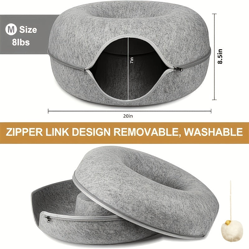 Cat Tunnel Bed Doughnut Cat Cave with Hairball Toys - Indoor Cat Hideout Nest Hole Year-Round - Cozy Donut Cat Sleeping Bed Tunnel for Cats Kittens - Available in 20 & 24 Inch Dark Gray Light Gray