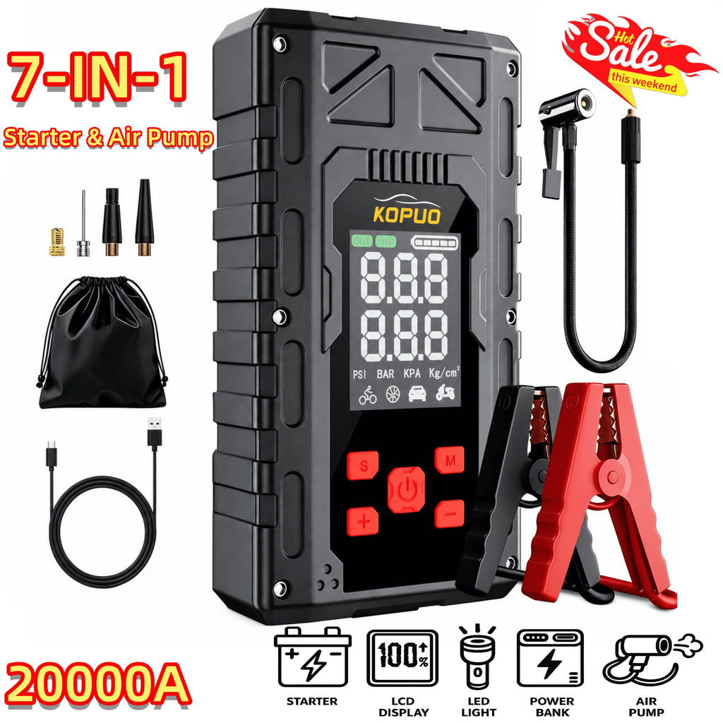 Portable Car Jump Starter with Air Compressor 20000A Peak 7-in-1 Battery Booster Pack with 150PSI Tire Inflator, Power Bank, LED Light & LCD Display – 12V Emergency Roadside Kit for Car SUV Truck
