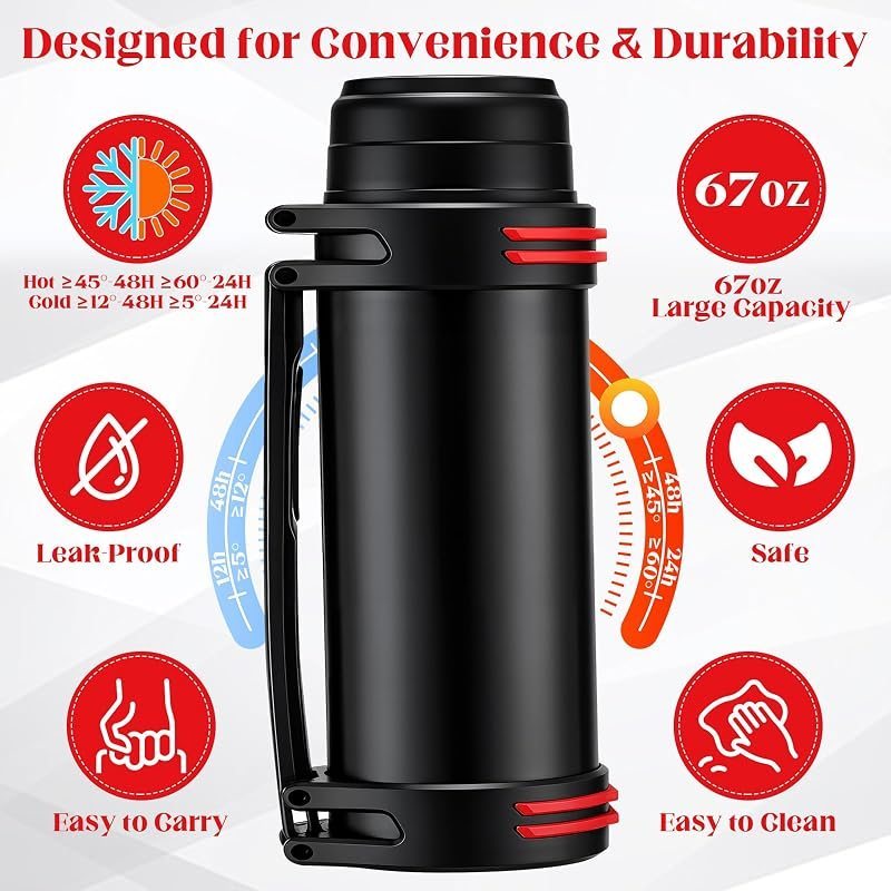 Large Dog Water Bottle 67oz Insulated Stainless Steel – Portable Travel Pet Drinker with Detachable Bowl Lid for Walking, Hiking & Camping, Leak-Proof for All Dog Sizes