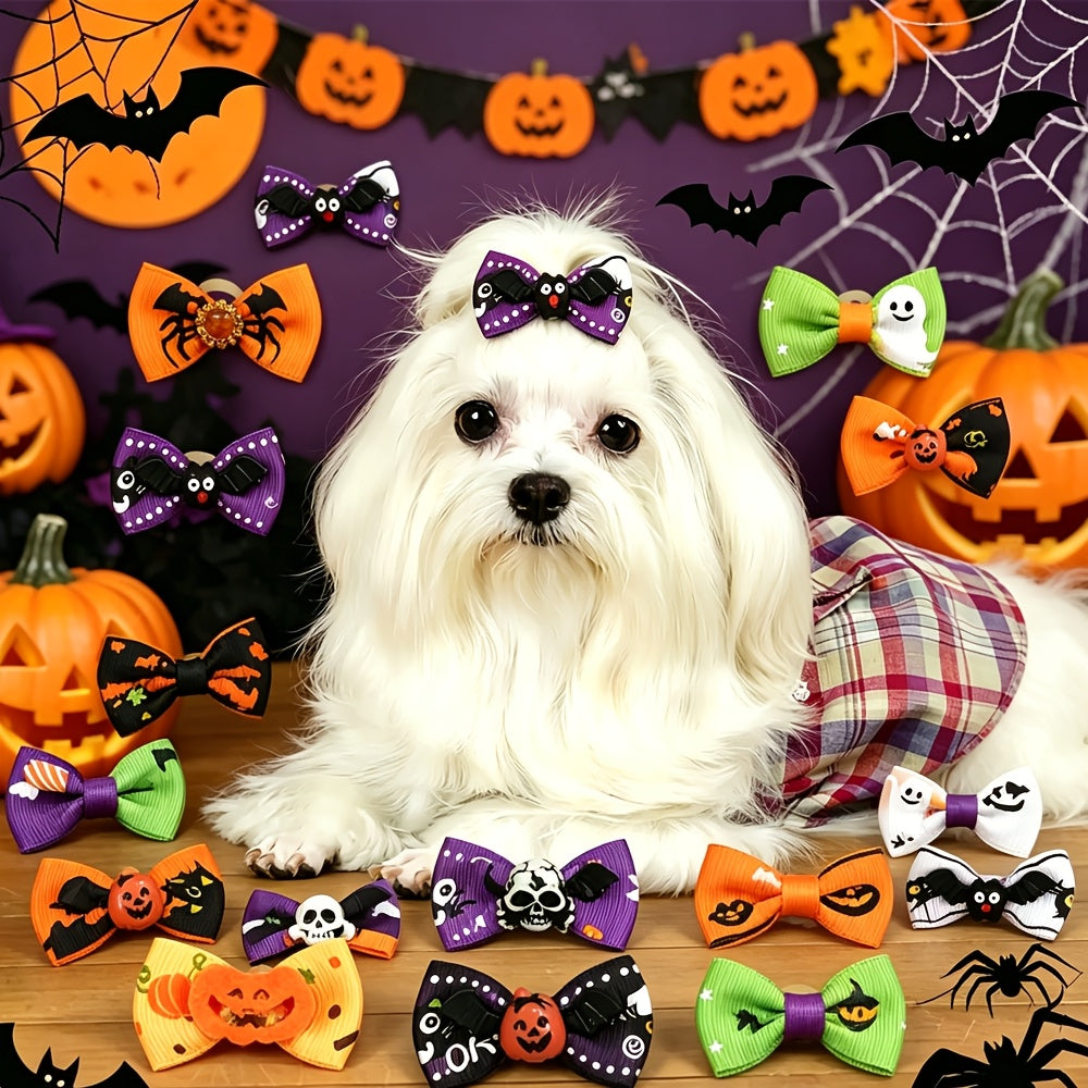 20pcs Halloween Dog Hair Bows with Rubber Bands – 40mm Yorkie Puppy Grooming Ribbons in Mixed Colors & Patterns – Cute Holiday Pet Hair Accessories for Small Dogs & Cats