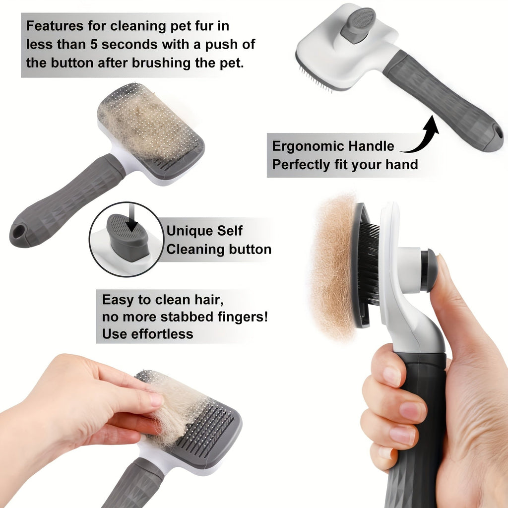 Self-Cleaning Pet Grooming Brush & Comb Set 2pcs – One-Click Hair Removal, Arc Needle De-Shedding Massage Tool for Cats and Dogs – Gentle Slicker Brush for Short Long Hair Pets
