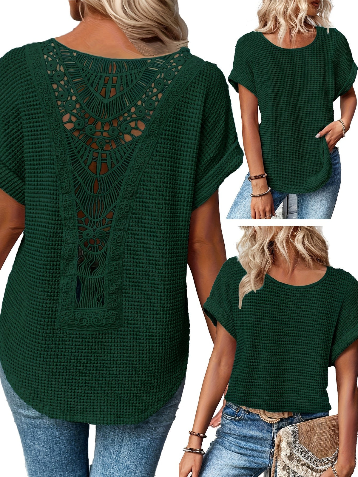 Lace Patchwork Round Neck Short Sleeve T-Shirt Women Summer Casual Flowy Top Peacock Blue Khaki Black White S M L XL XXL