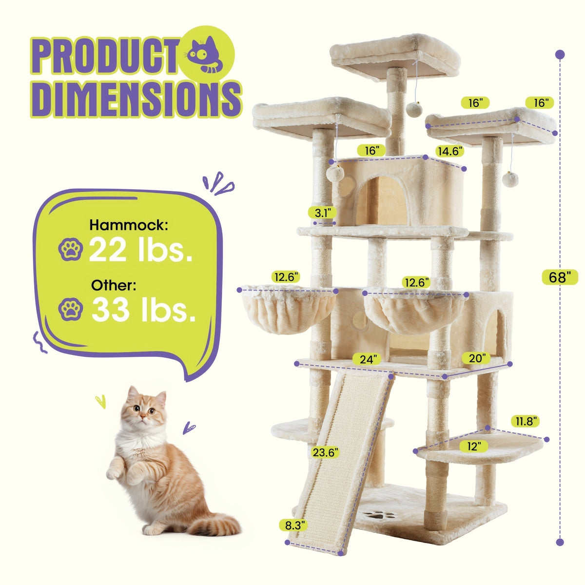 WEEWAY Corner Cat Tree Tower for Indoor Cats 36–81 Inch – Multi-Level Cat Furniture with Sisal Scratching Posts, Condo Cave, Hammock, Ramps, Plush Perches, Basket & Pompom Toys, Perfect Cat Gift