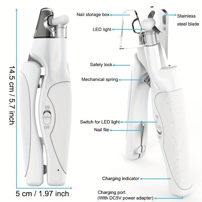 LED Pet Nail Clippers USB Rechargeable – Cat & Dog Nail Scissors with Built-In Light, Nail File & Anti-Splash Guard, Professional Precision Grooming Tool for Safe At-Home Pet Nail Trimming