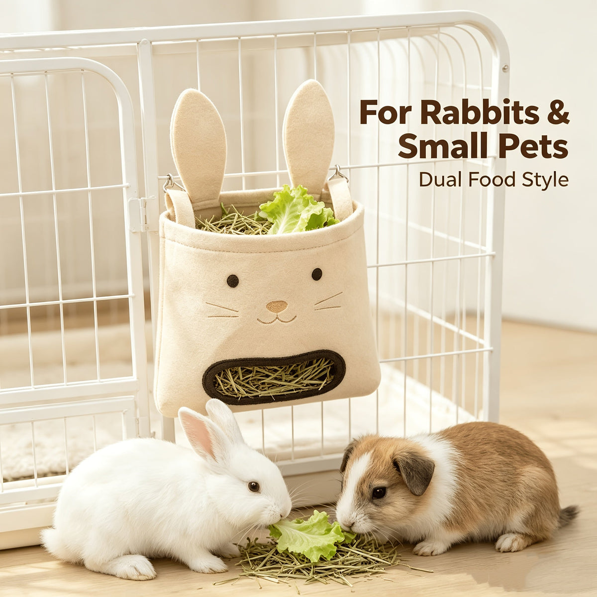 Hanging Hay Feeder for Rabbits Guinea Pigs & Small Animals - Large Capacity Rabbit Face Design, Anti-Tip, Easy Hang Chain, Indoor Outdoor Cage Food Bowl for Rabbits, Guinea Pigs, Kittens & Cats