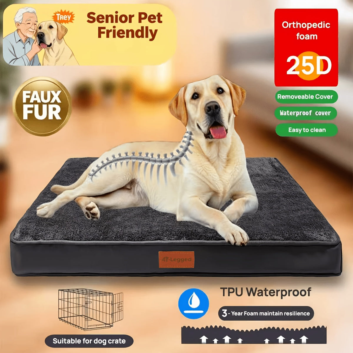 Orthopedic Memory Foam Dog Bed for Medium Dogs – Thickened Pet Mattress with Non-Slip Moisture-Proof Bottom, Removable Washable Zipper Cover, Joint Support Dog Bed for Indoor Use