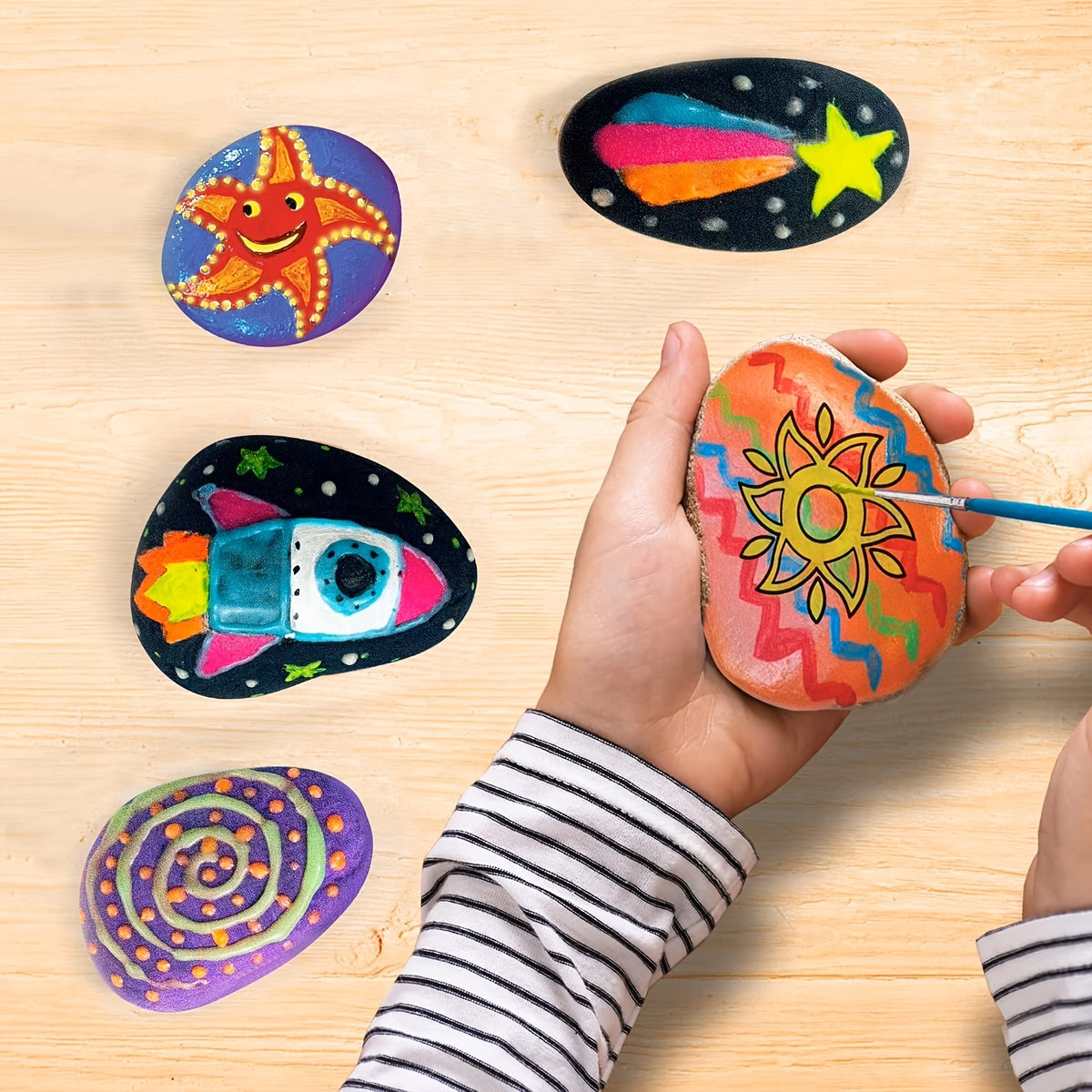 Glow in the Dark Rock Painting Kit for Kids Ages 6+ Arts and Crafts Set with 10 Rocks 6 Standard 6 Metallic 5 Glow Paints Brushes Gems Stickers Non-Toxic Birthday Easter Gift Boys Girls