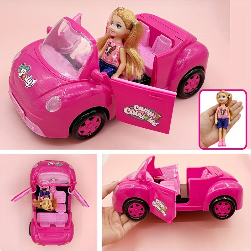 Mini Fashion Doll Convertible Cabriolet Dreamcar Playset with Pet Dog Puppy Dog House Car Model Toy Gift Set for Girls Ages 3+ Imaginative Pretend Play No Batteries
