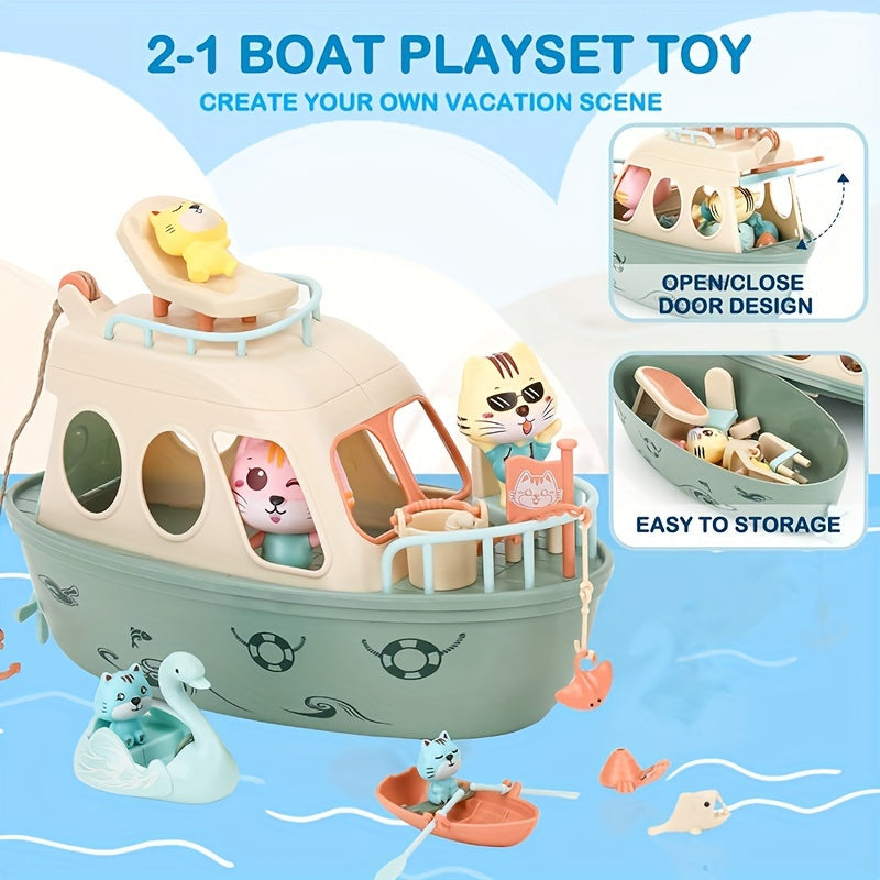 Cat Pirate Boat Playset for Kids – Kitten Pretend Play Toy with Cat Figures & Random Accessory Colors, Fun Pet Pretend Play Set, Pirate Party Favor Prize, Creative Gift for Boys Girls Ages 3 4 5 6+