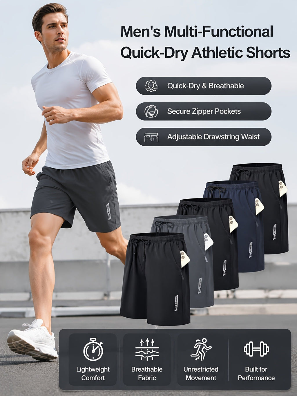 Men's Athletic Shorts 5-Pack – Quick-Dry Gym Workout & Basketball Shorts with Stretch Waistband & Side Zip Pocket, Lightweight Activewear for Running, Hiking & Casual Wear