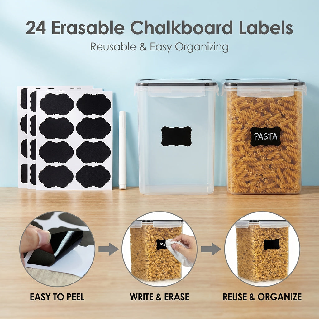 4-Pack Large Airtight Food Storage Containers with Lids – 176oz BPA-Free Plastic Canisters for Flour, Sugar, Rice & Baking Supplies – Includes Measuring Cups & 24 Labels, Black