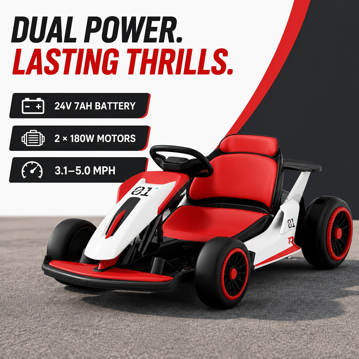24V Electric Go Kart for Kids Ages 6+ with 360° Drift – Dual 180W Motors, 2 Speeds 3.1-5 MPH, 7Ah Battery, 5-Point Harness, Wireless Music & USB, 110 LB Capacity Racing Ride-On Car Gift