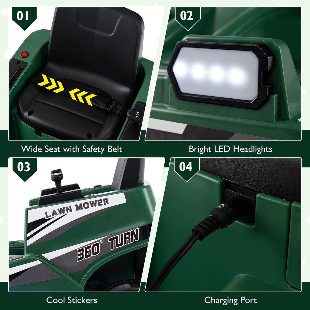 12V Kids Ride-On Lawn Mower Electric Car - Dual Control Sticks, LED Lights, 360° Twist & Turn, Spinning Blades, Anti-Tip Wheels | Outdoor Toy for Boys & Girls Ages 3+ | Max 77lbs | 1.7MPH | Green