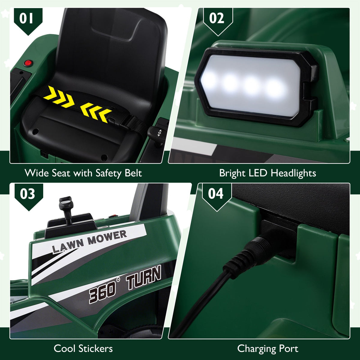 12V Kids Ride-On Lawn Mower Electric Car - Dual Control Sticks, LED Lights, 360° Twist & Turn, Spinning Blades, Anti-Tip Wheels | Outdoor Toy for Boys & Girls Ages 3+ | Max 77lbs | 1.7MPH | Green