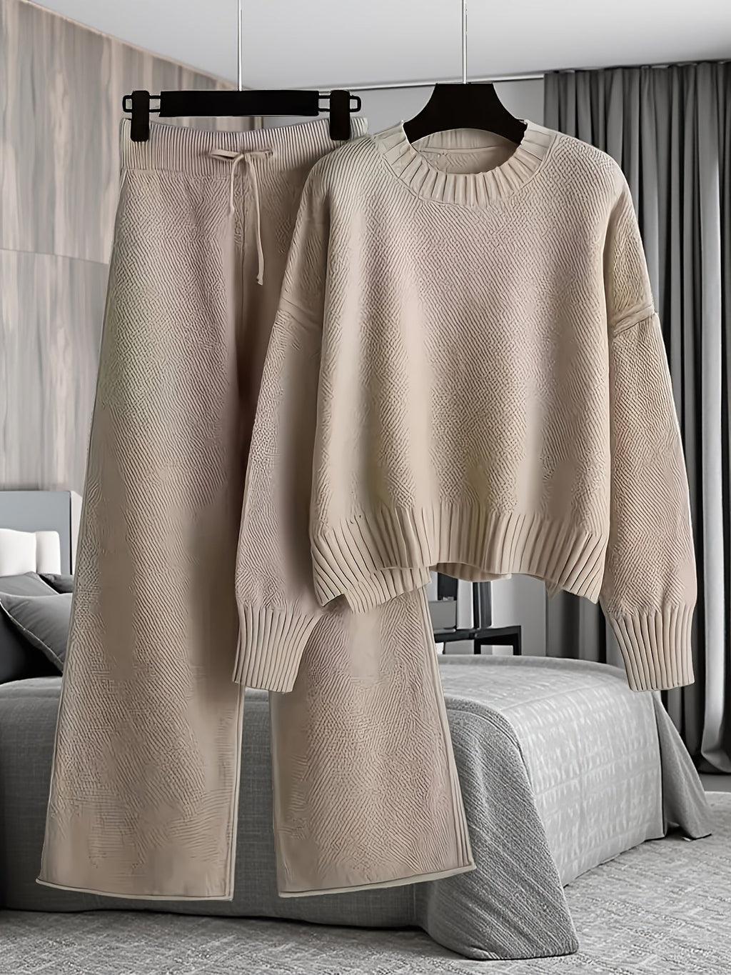 Women's Loose Knit Two-Piece Set – Round Neck Drop Shoulder Sweater & High Waist Wide Leg Drawstring Pants, Retro Casual Cozy Outfit, 10 Colors, Sizes S-XXL