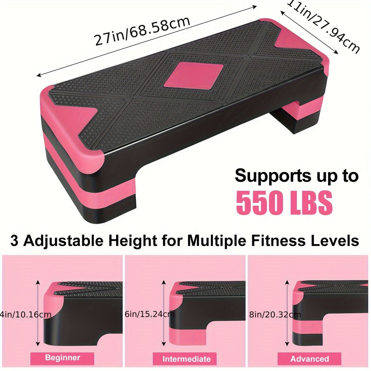 Adjustable Aerobic Step Platform – 3 Height Settings (4"/6"/8"), Non-Slip Workout Stepper for Home Gym Cardio Training, Step Aerobics Exercise Board (6 Colors)