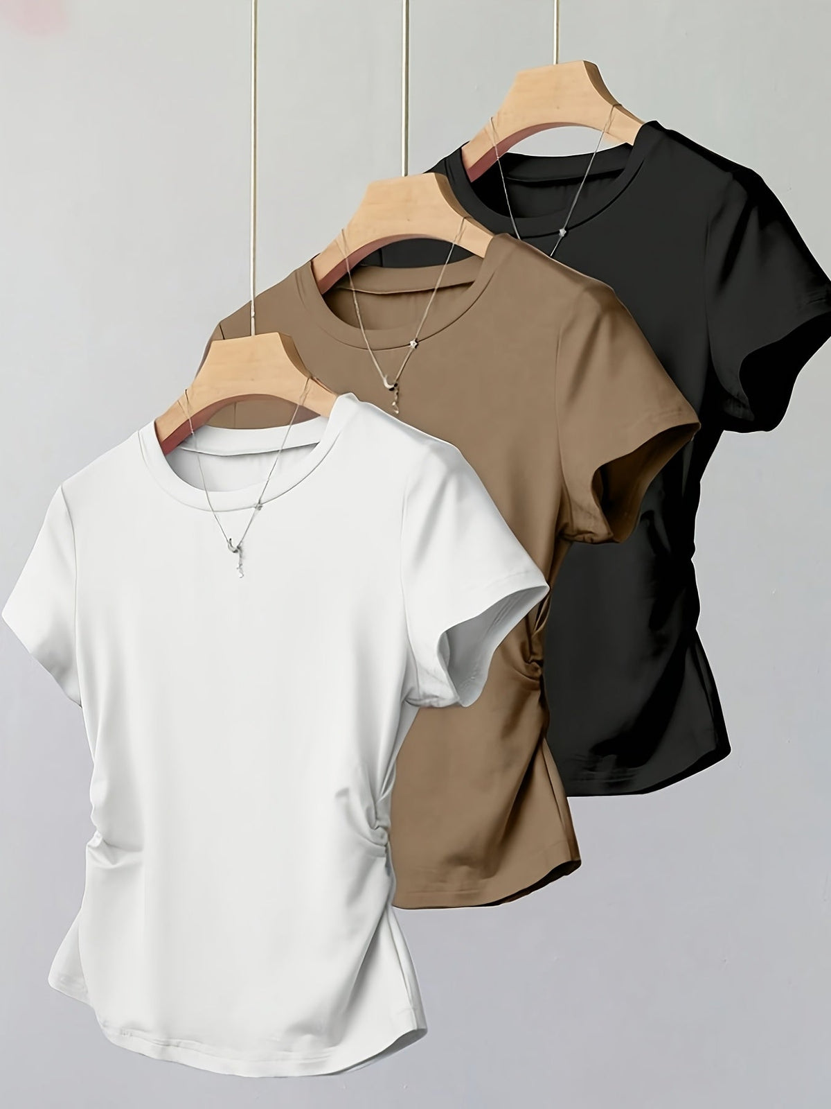 Women's 3-Piece Round Neck Side Ruched Waist Short Sleeve T-Shirt Set – Soft Polyester Spandex Stretch Knit Casual Top Set