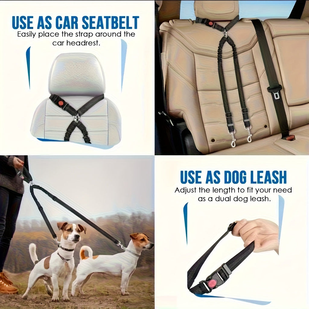 Double Dog Car Seat Belt Dual Pet Safety Restraint Headrest Elastic Bungee Leash Splitter No-Tangle Adjustable for 2 Dogs Vehicle Travel Black Blue Red Orange