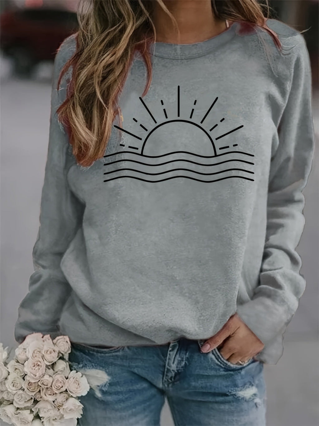 Sun Graphic Long Sleeve T-Shirt Women Round Neck Casual Top Fall Winter Polyester – Sunrise Print Positioning Graphic Tee Rust Color S-XXL
