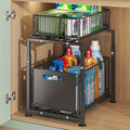 Under Sink Organizer 2-Tier Pull-Out Cabinet Shelf with Adjustable Height, Sturdy Carbon Steel Kitchen Storage Rack, Space-Saving Bathroom & Pantry Cabinet Organizer for Kitchen Organization