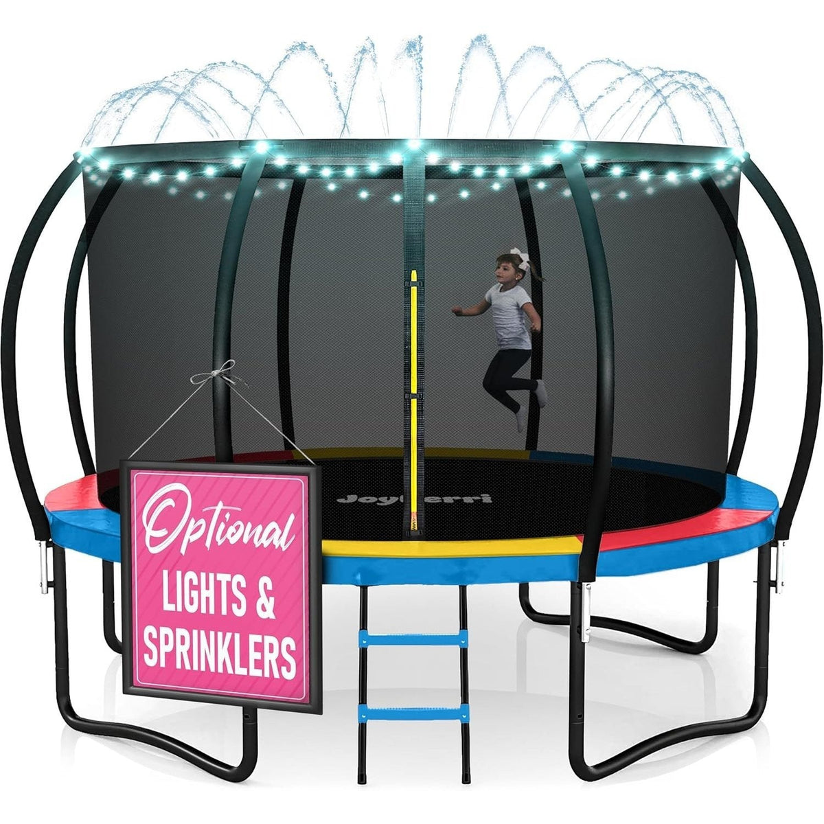 JoyBerri Outdoor Trampoline with Enclosure Net - 8FT to 16FT Backyard Trampoline for Kids & Adults, Heavy Duty Anti-Rust Frame, LED Lights, Sprinkler & Ladder Included | Family Fitness Fun Gift