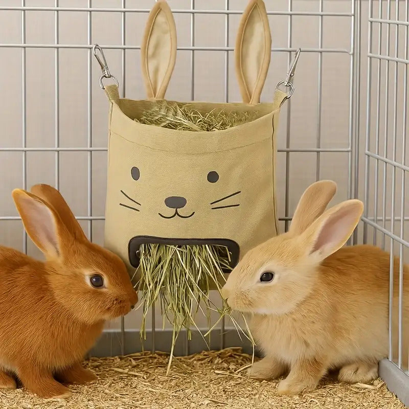 Hanging Pet Hay Feeder with Bunny Face Design, Large Capacity Anti-Tipping Food Bowl for Rabbits, Guinea Pigs & Kittens, Easy Hang Chain for Cage Indoor Outdoor, Heavy-Duty Small Animal Feeder