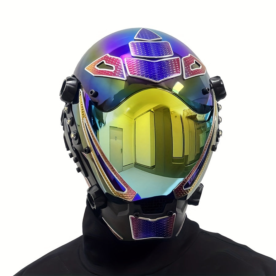 Cyberpunk Mechanical Mask Breathable AB Iridescent Color Futuristic Headwear – Halloween Costume Prop, Cosplay Mask, Bar Club Rave Carnival Party Decoration, Stage Performance & Photography Prop Accessory