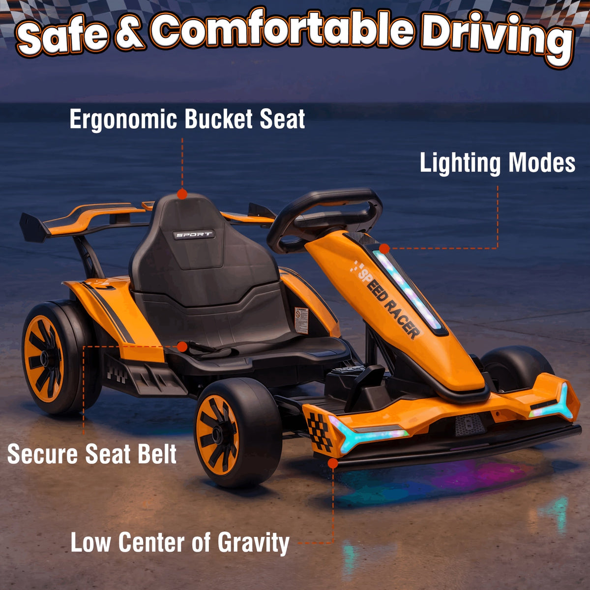 24V Electric Kids Go-Kart Drift Cart 360 Degree Drift Mode High Speed Racing with Soft Start Music Safety Belt Metal Frame Dual Brake for Boys Girls Ages 6 and Up Birthday Christmas Gift Black White Red Orange Silver