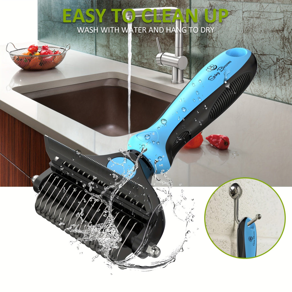 Double-Sided Pet Deshedding & Dematting Brush for Dogs & Cats - Undercoat Grooming Tool for Short to Long Hair, Gentle Shedding Brush Removes Loose Fur & Tangles, 2 Colors (Cyan/Yellow)