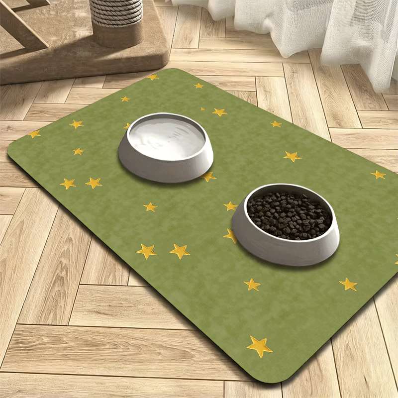Non-Slip Pet Feeding Mat Green & Gold Stars - Leak-Proof Machine Washable Dog Cat Bowl Mat - Cute Waterproof Food Mat for All Breeds - Easy Clean Stain-Proof Pet Placemat for Indoor Outdoor Use
