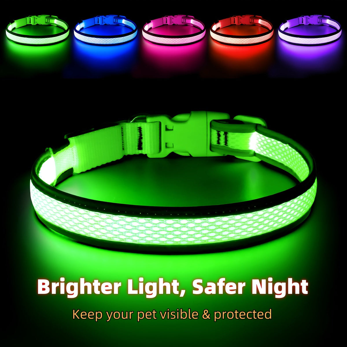 LED Dog Collar USB Rechargeable with 6 Color Lights - Adjustable Soft Mesh Safety Collar for Small Medium Large Dogs, Glowing Night Visibility Dog Collar for Nighttime Walking, Durable & Stylish