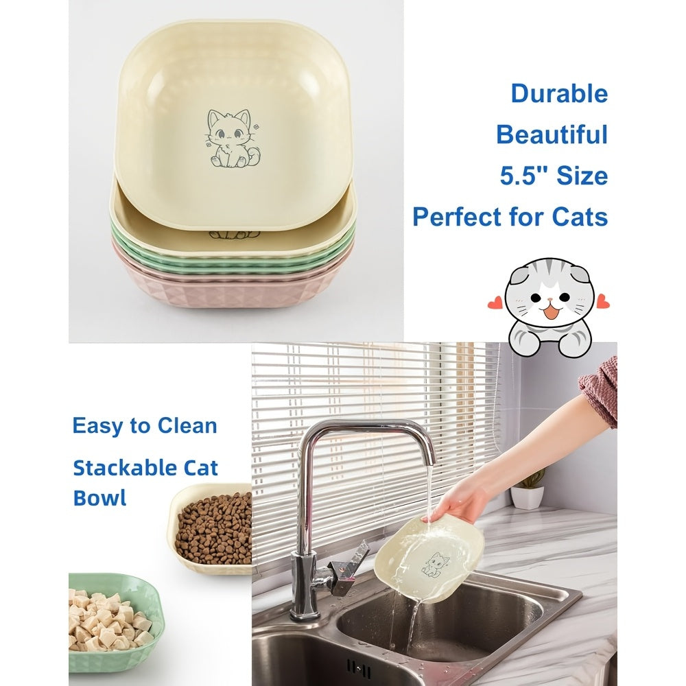 Cat Bowl Set 3 Pack - Non-Spill Shallow Wide Cat Food Bowls, Anti-Fatigue Whisker-Friendly Design, Engraved Kitten Pattern, Pet-Safe Durable Dishes for Indoor Cats, Healthy Ergonomic Feeding Bowls