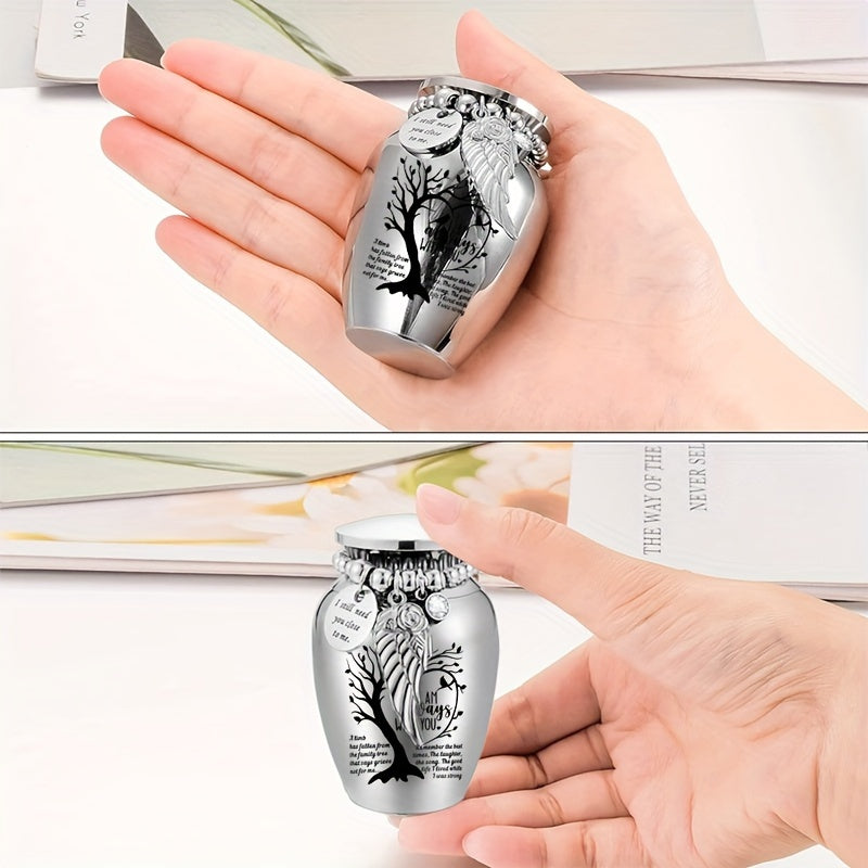 Mini Keepsake Cremation Urn with Wing Charm – 2.56 Inch Aluminum Alloy Memorial Ash Holder with I Am Always with You Engraving, Small Human Ashes Urn for Remembrance & Sympathy Gift, Silver