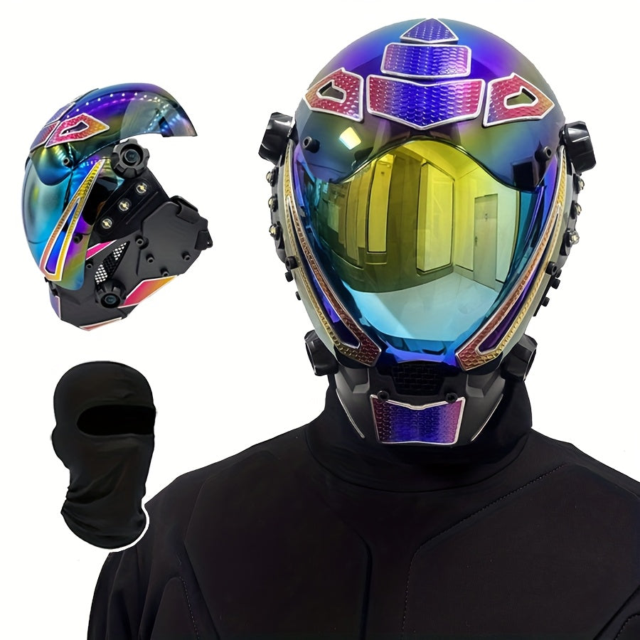 Cyberpunk Mechanical Mask Breathable AB Iridescent Color Futuristic Headwear – Halloween Costume Prop, Cosplay Mask, Bar Club Rave Carnival Party Decoration, Stage Performance & Photography Prop Accessory