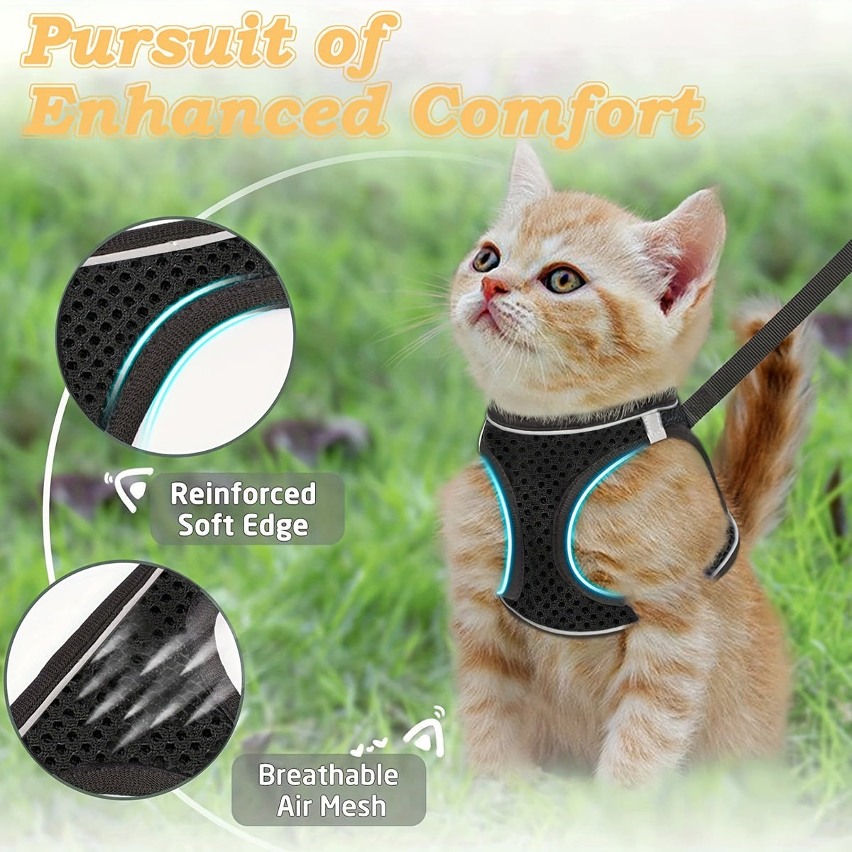 Escape Proof Cat Harness and Leash Set for Walking - Adjustable Reflective Soft Mesh Vest for Cats Kittens Small Dogs S M Black Grey Comfortable Outdoor Adventure Pet Gift