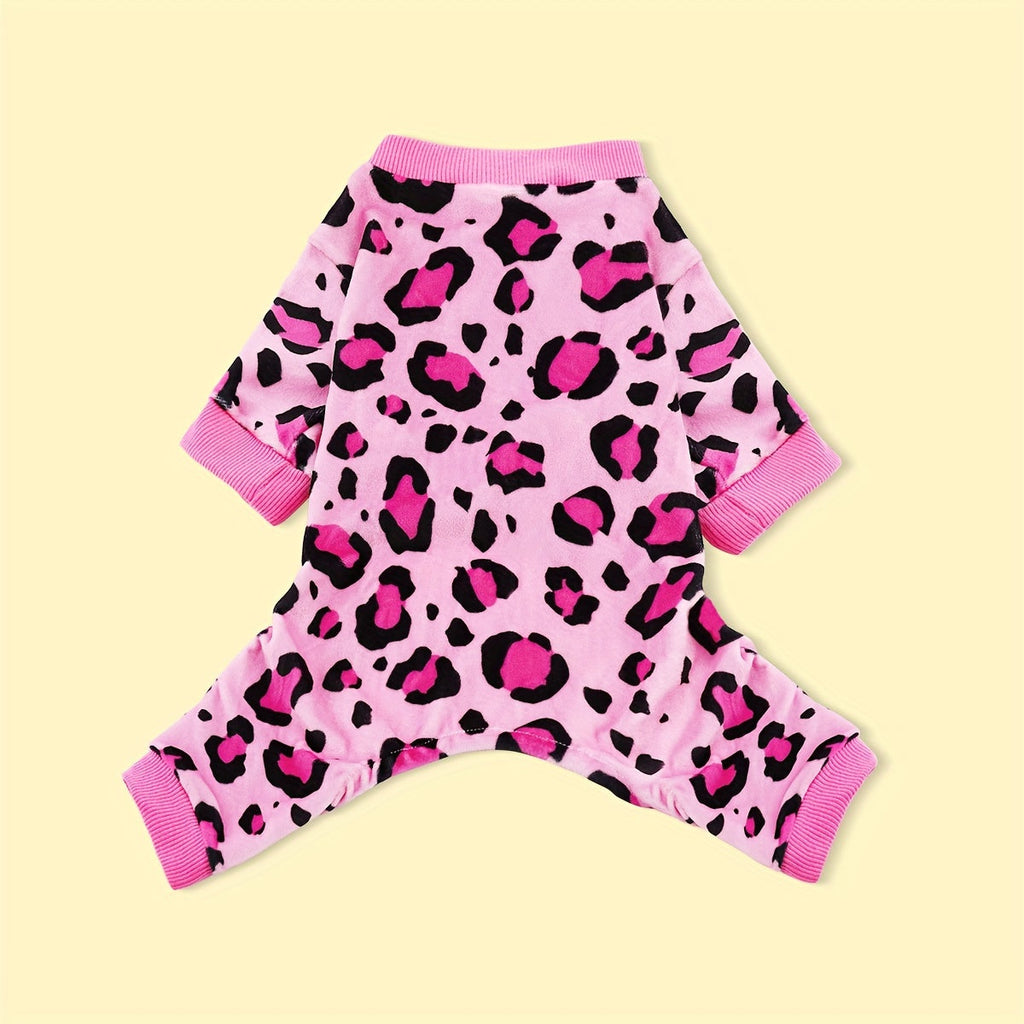 Pink Leopard Print Dog Pajamas for Small Dogs & Cats – Plush Soft Cozy Pet Jammies, Glamorous Leopard Texture Onesie Sleepwear for Puppies and Kittens, Stylish Indoor Dog Apparel and Pet Gift