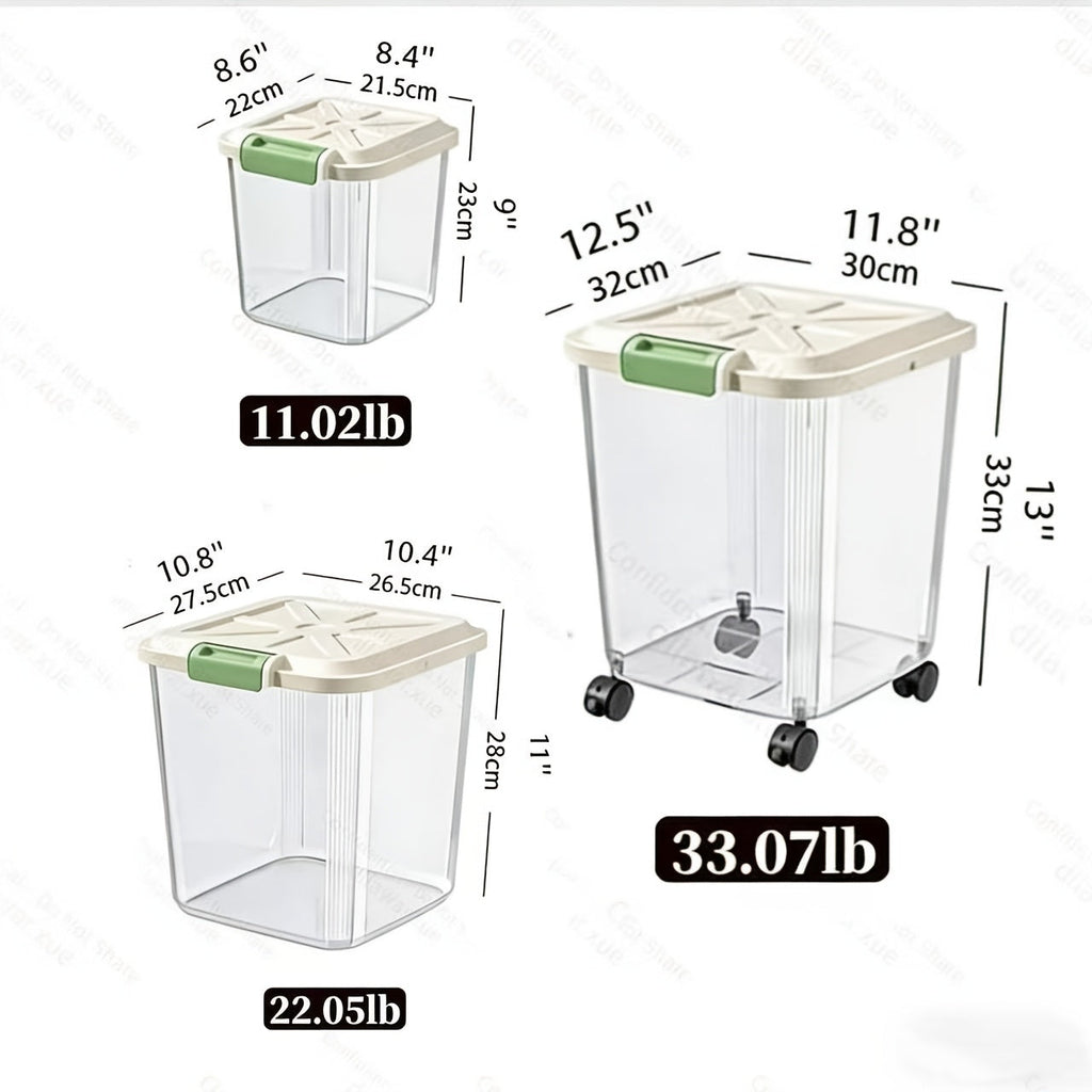 Sealed Pet Food Storage Container with Wheels & Measuring Spoon – Transparent Rolling Box with Lockable Airtight Lid & Spill-Proof Compartments for Dogs, Cats & Birds, Multiple Sizes