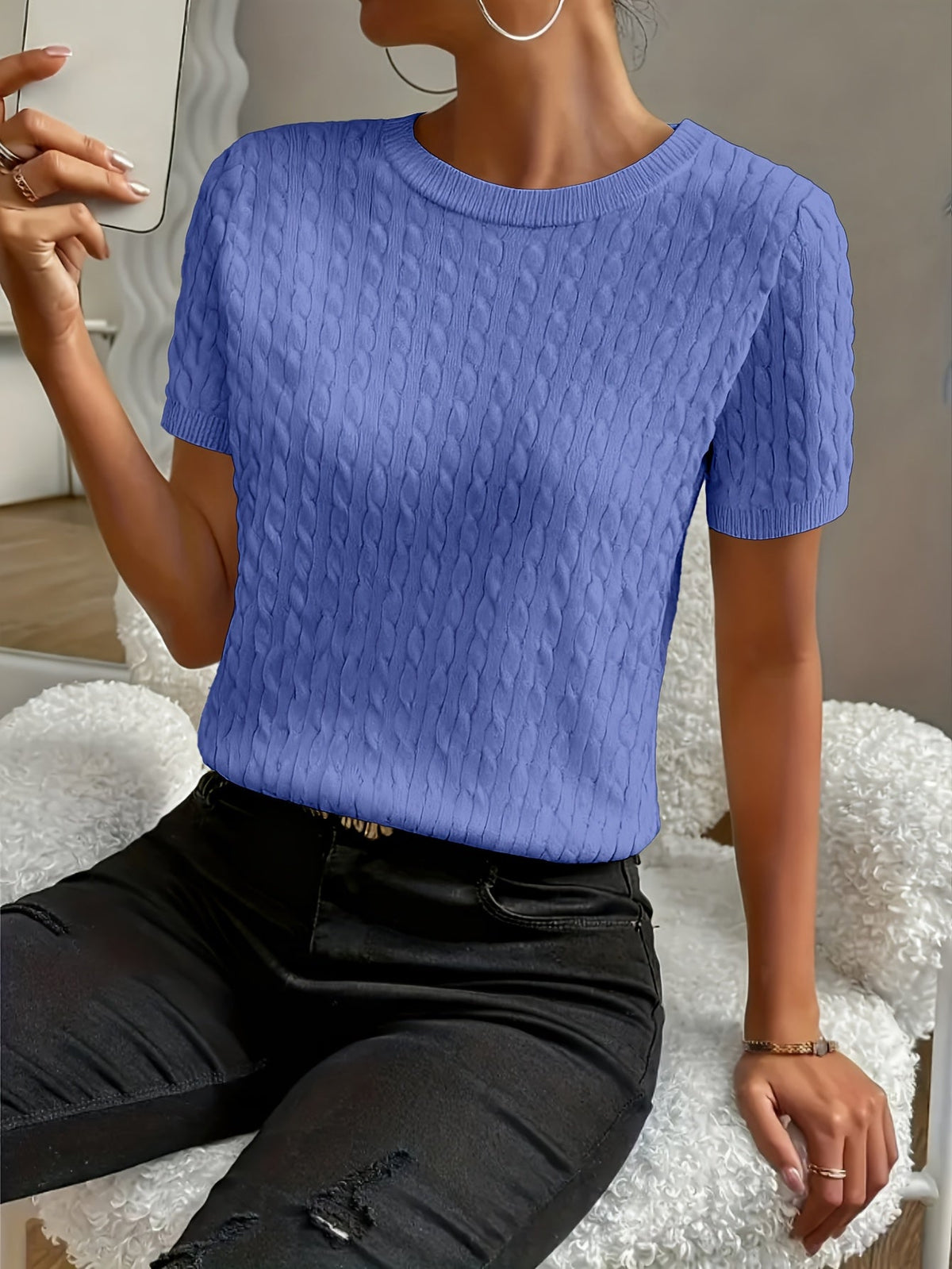 Women's Ribbed Knit Short Sleeve Pullover Top | Crew Neck Minimalist Casual Summer T-Shirt Versatile Stretch Comfort