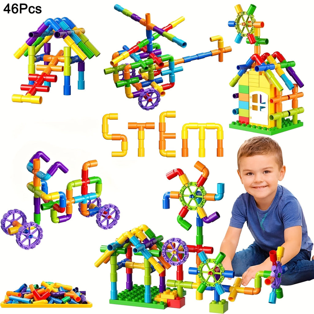 STEM Pipe Tube Building Blocks for Kids 46pcs – Compatible Pipeworks Construction Set, Educational Sensory Toy for Boys Girls Ages 3-8, No Battery Autism-Friendly Learning Toy, Birthday Gift, Random Colors
