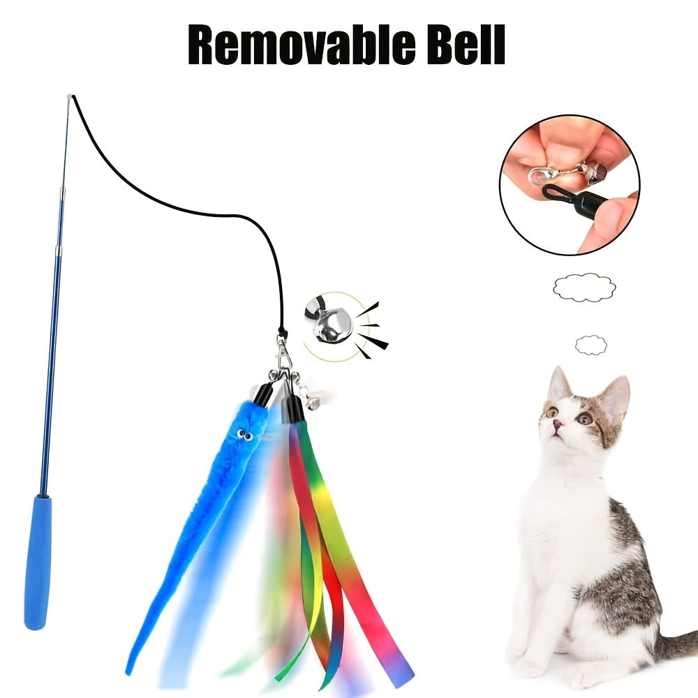 Interactive Cat Teaser Wand Toy Set 8pcs – Retractable Wand with 5 Fuzzy Worm Refills & 2 Ribbon Refills, Detachable Bell, No Battery Needed, Suitable for All Cats & Kittens